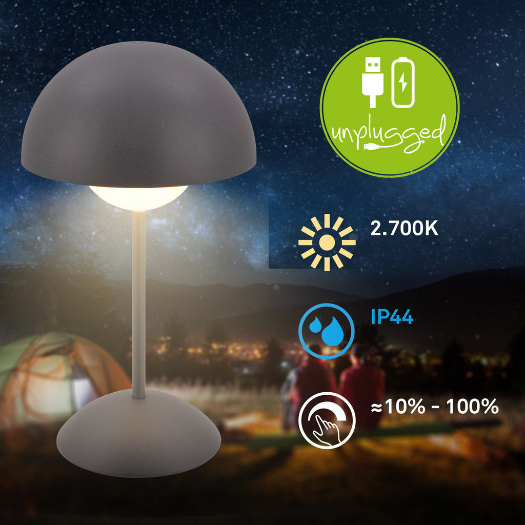 LED oppladbar bordlampe Kugle antrasitt metall IP44 dimbar bakside
