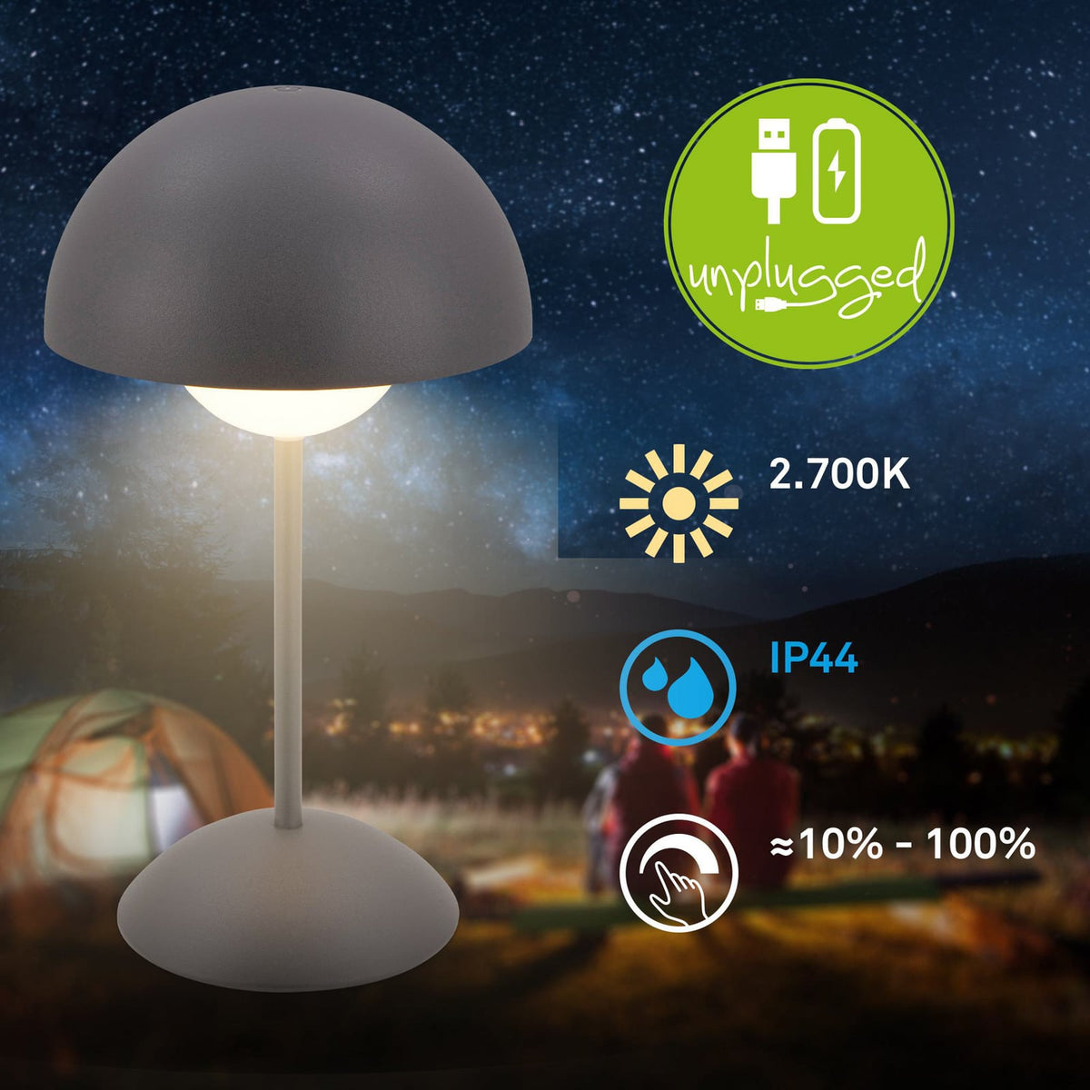 LED oppladbar bordlampe Kugle antrasitt metall IP44 dimbar bakside