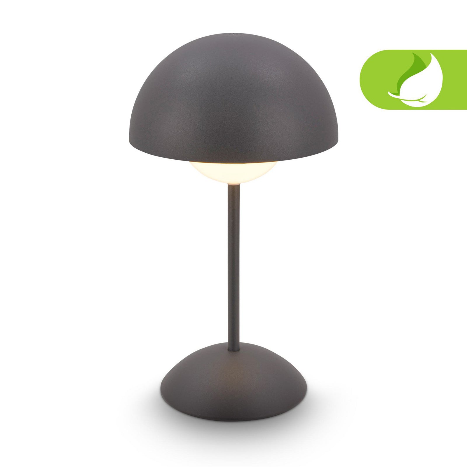 LED oppladbar bordlampe Kugle antrasitt metall IP44 dimbar detalj av lyskilde