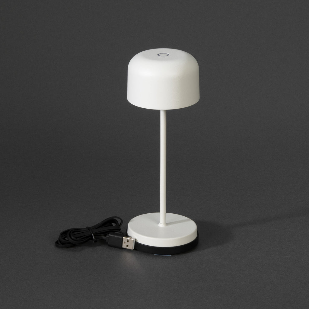 LED oppladbar bordlampe Lille hvit aluminium USB ladestasjon