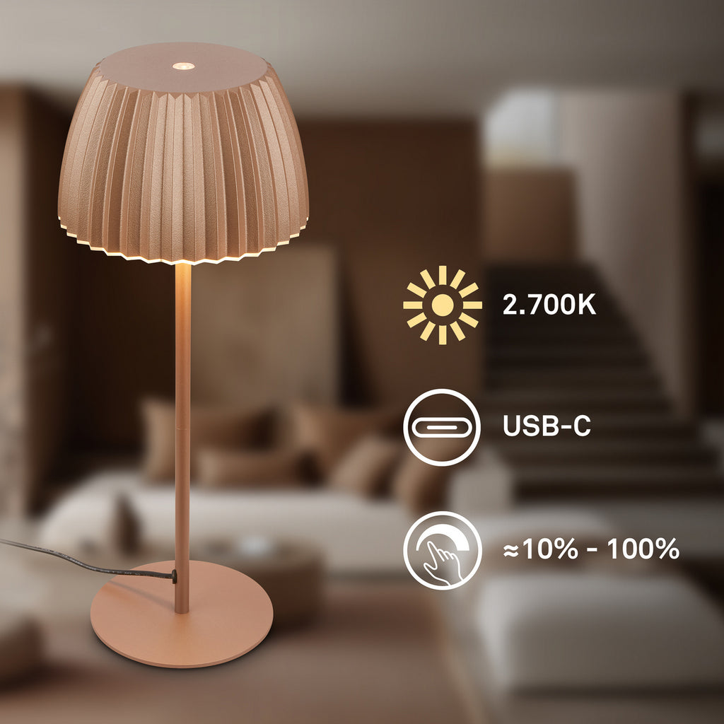 LED oppladbar bordlampe Loca brun dimbar Ø14,3 cm nærbilde av lyskilde
