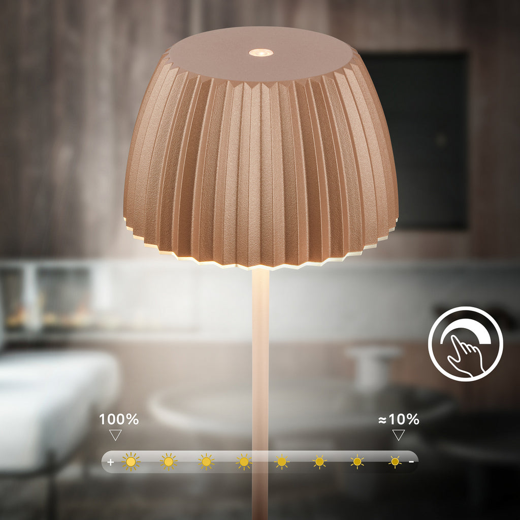 LED oppladbar bordlampe Loca brun dimbar Ø14,3 cm USB-kabel detalj