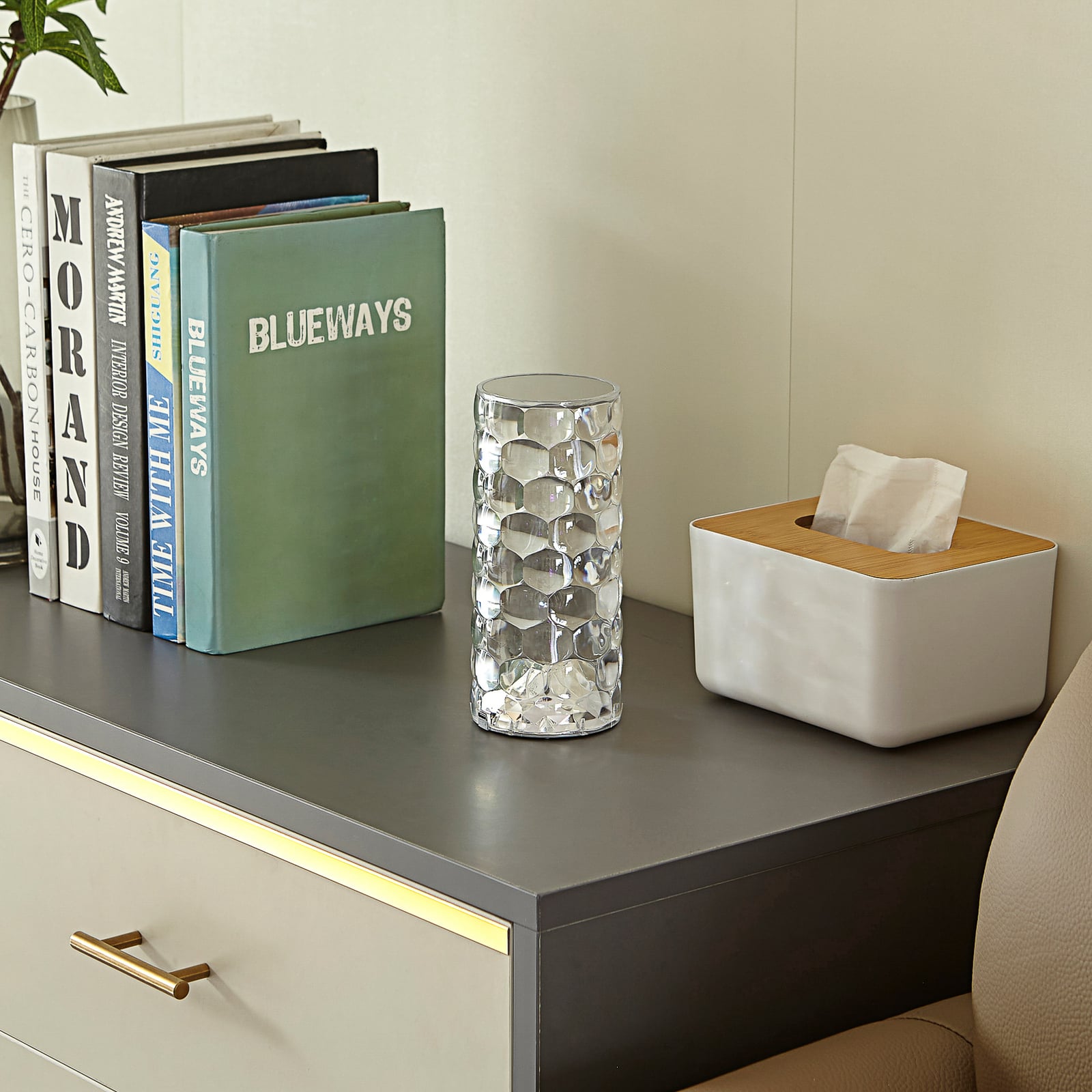 Detalj av transparent skjerm på LED oppladbar bordlampe Louane dimbar RGBW 18,5 cm
