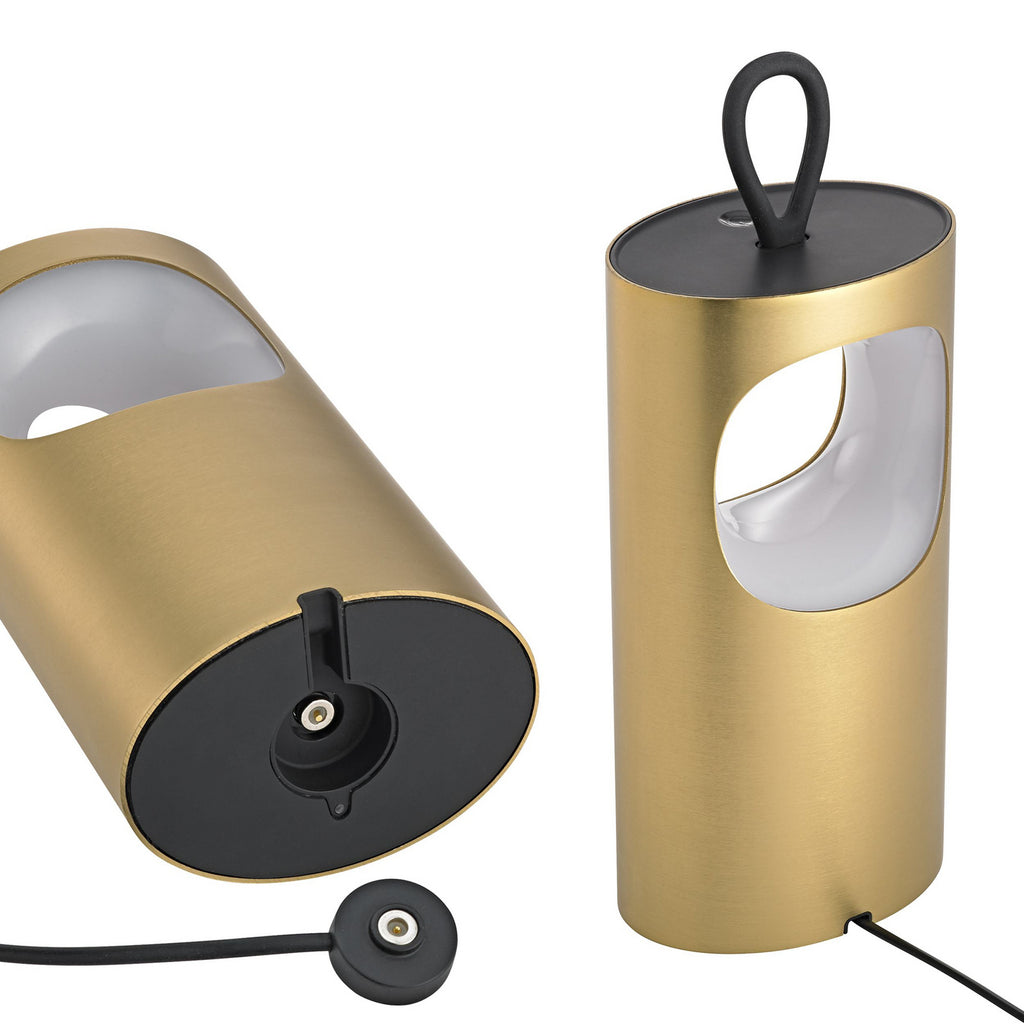 LED oppladbar bordlampe Lunari gull aluminium CCT dimbar IP44 nærbilde av lampehode