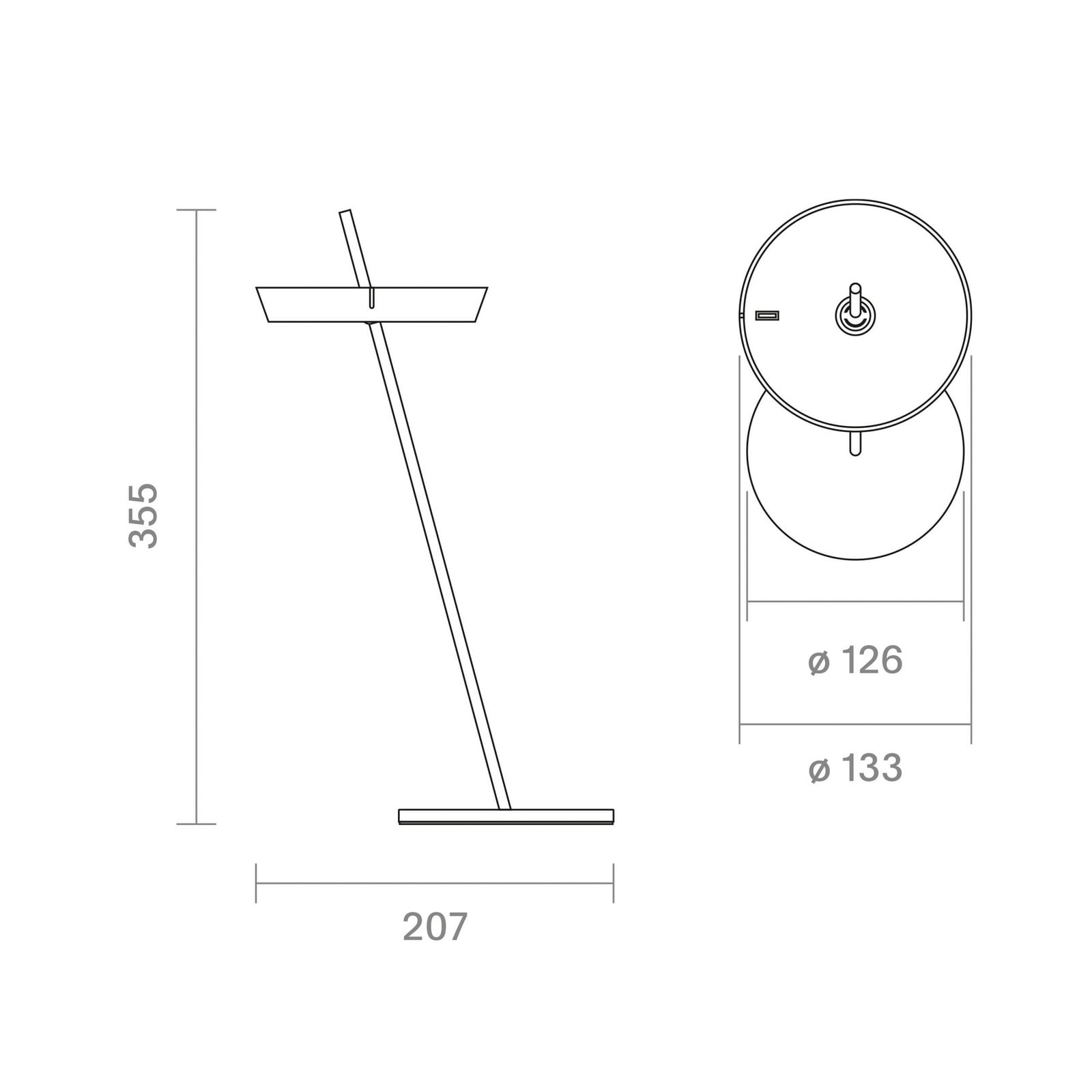 Nærbilde av touch bryter på LED oppladbar bordlampe Mahina krom aluminium CCT dimbar