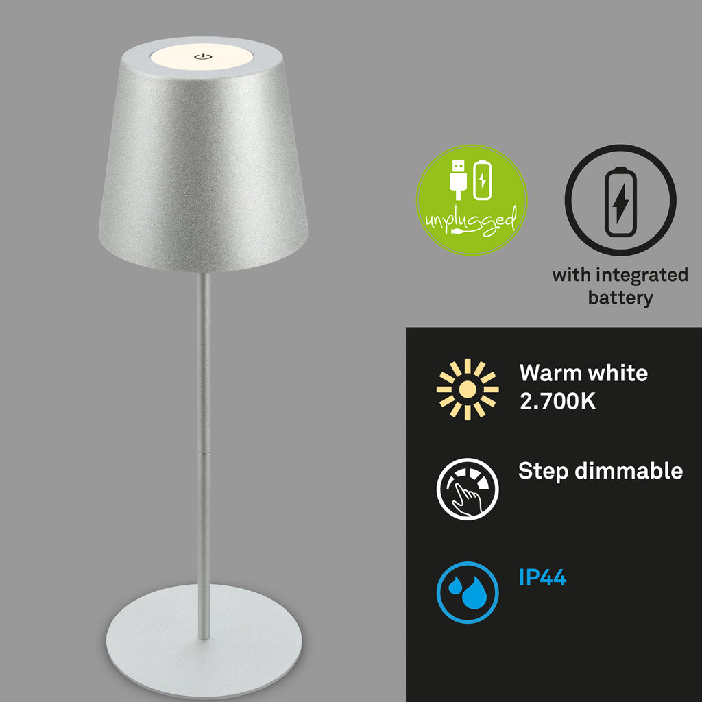 LED oppladbar bordlampe matt krom berøringsdimmer IP44 - Briloner detalj av berøringsdimmer