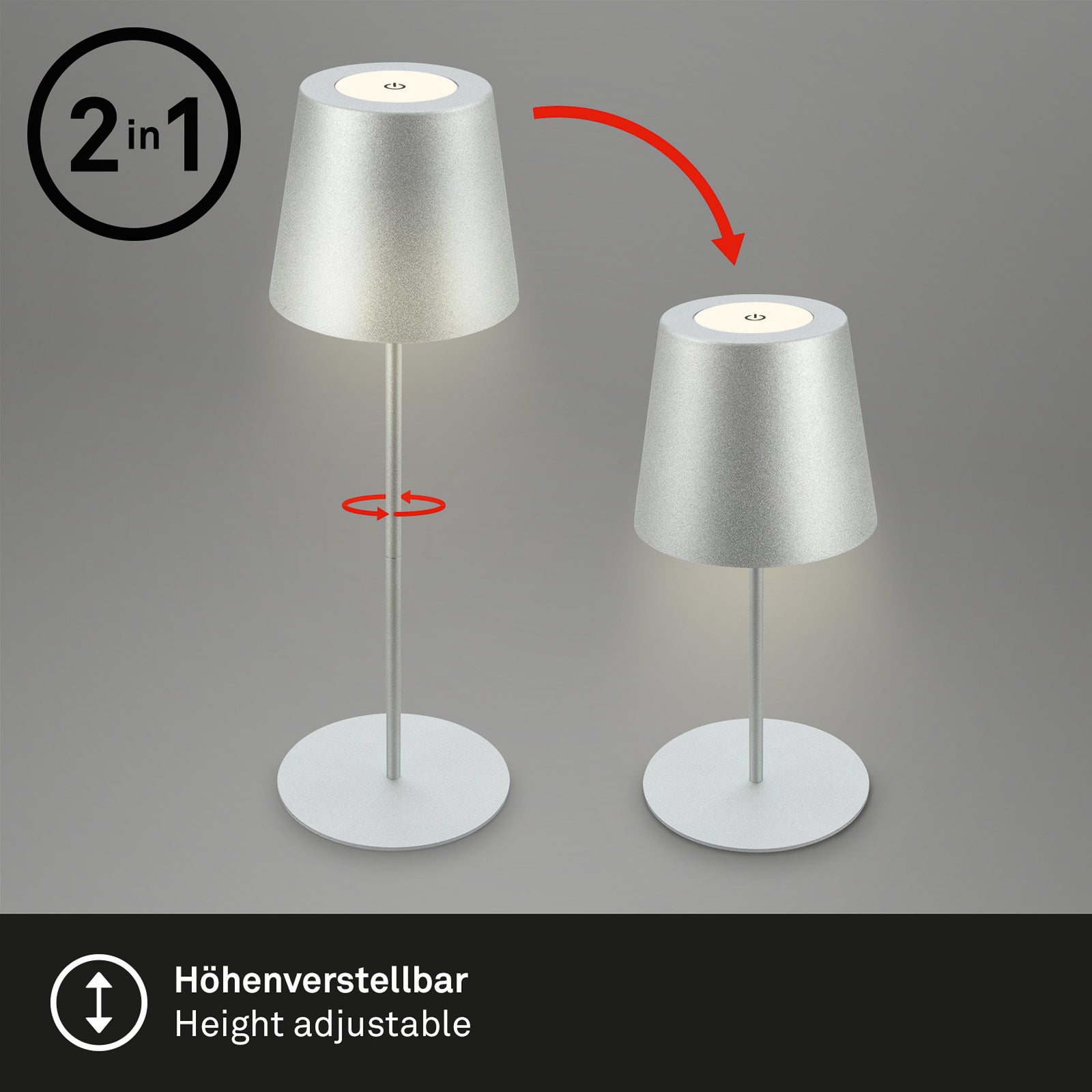 LED oppladbar bordlampe matt krom berøringsdimmer IP44 - Briloner nærbilde av lampehode
