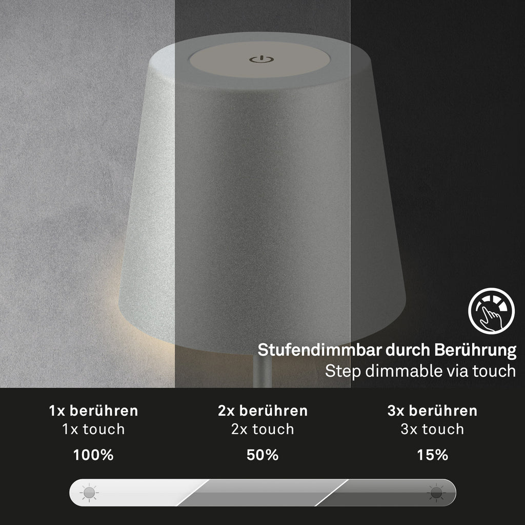 LED oppladbar bordlampe matt krom berøringsdimmer IP44 - Briloner detalj av lampefot