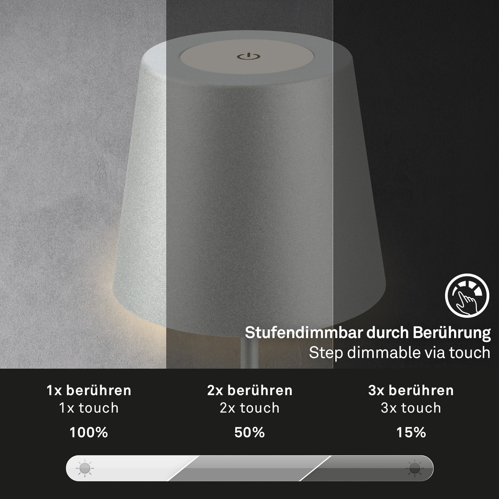 LED oppladbar bordlampe matt krom berøringsdimmer IP44 - Briloner detalj av lampefot