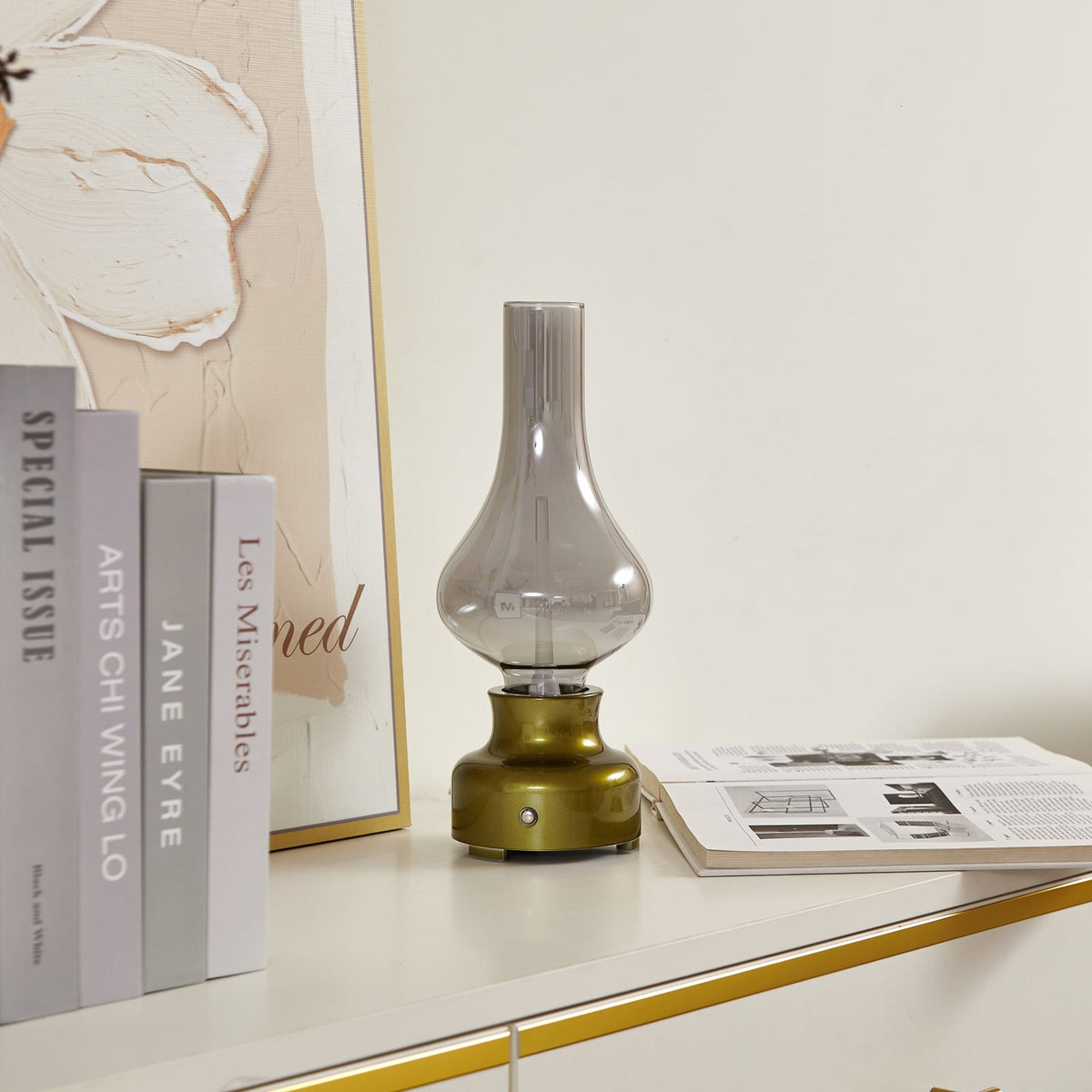 LED oppladbar bordlampe Maxentius dimbar grønn glass bakside