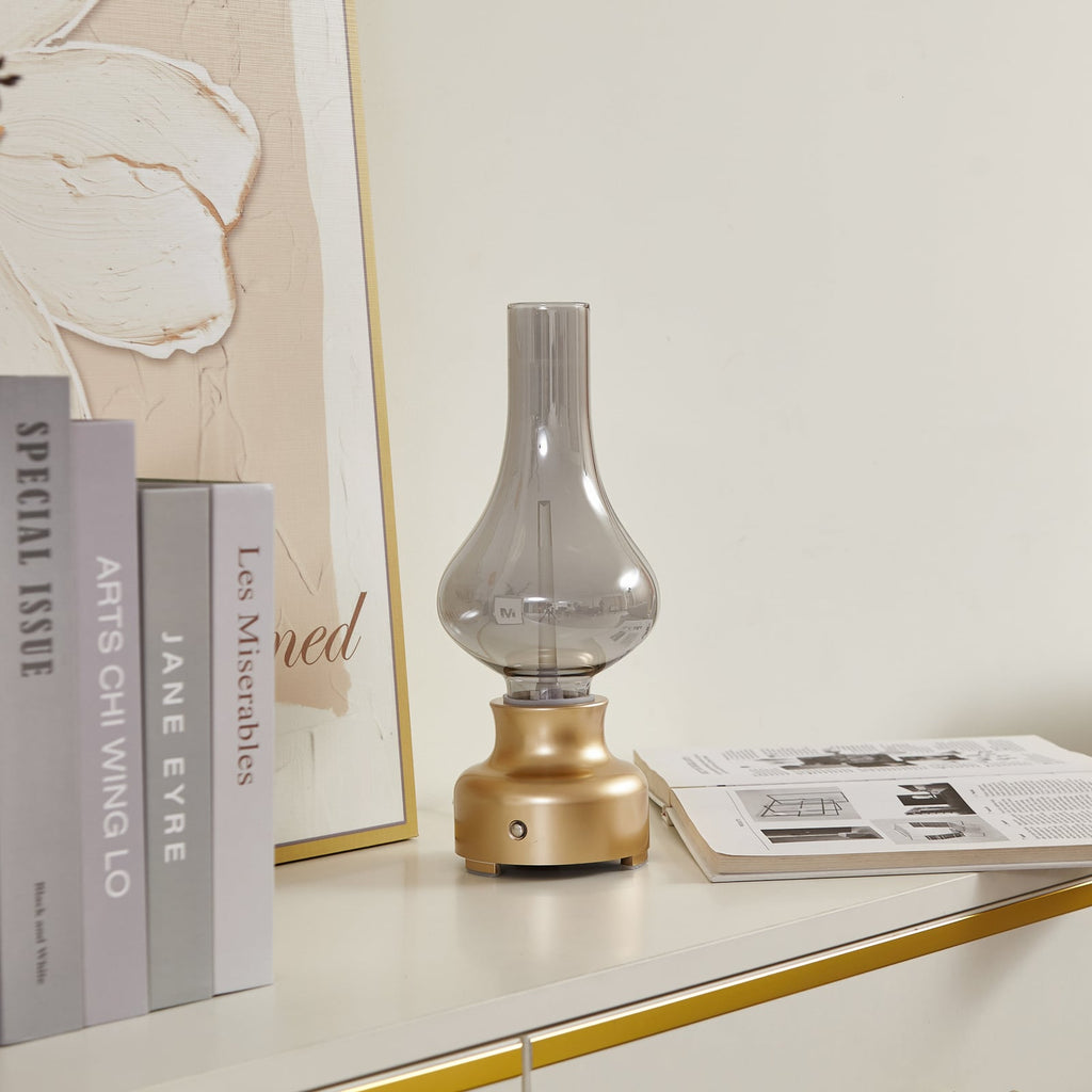 LED oppladbar bordlampe Maxentius glass gull dimbar bakside