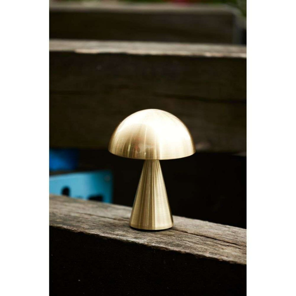 LED oppladbar bordlampe Mush messing Ø15 cm dimbar IP44 bakside
