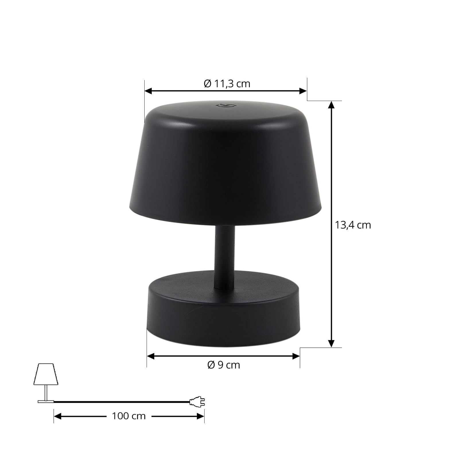 Nærbilde av touchdimmer på LED oppladbar bordlampe Nalani svart dimbar IP44