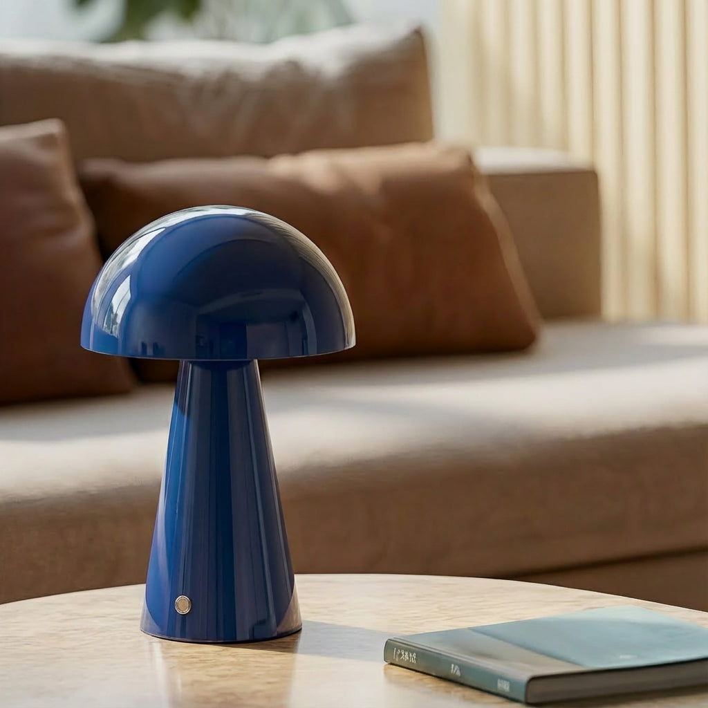 LED-oppladbar bordlampe Nevijo blå Ø20 cm detalj av touchdimmer