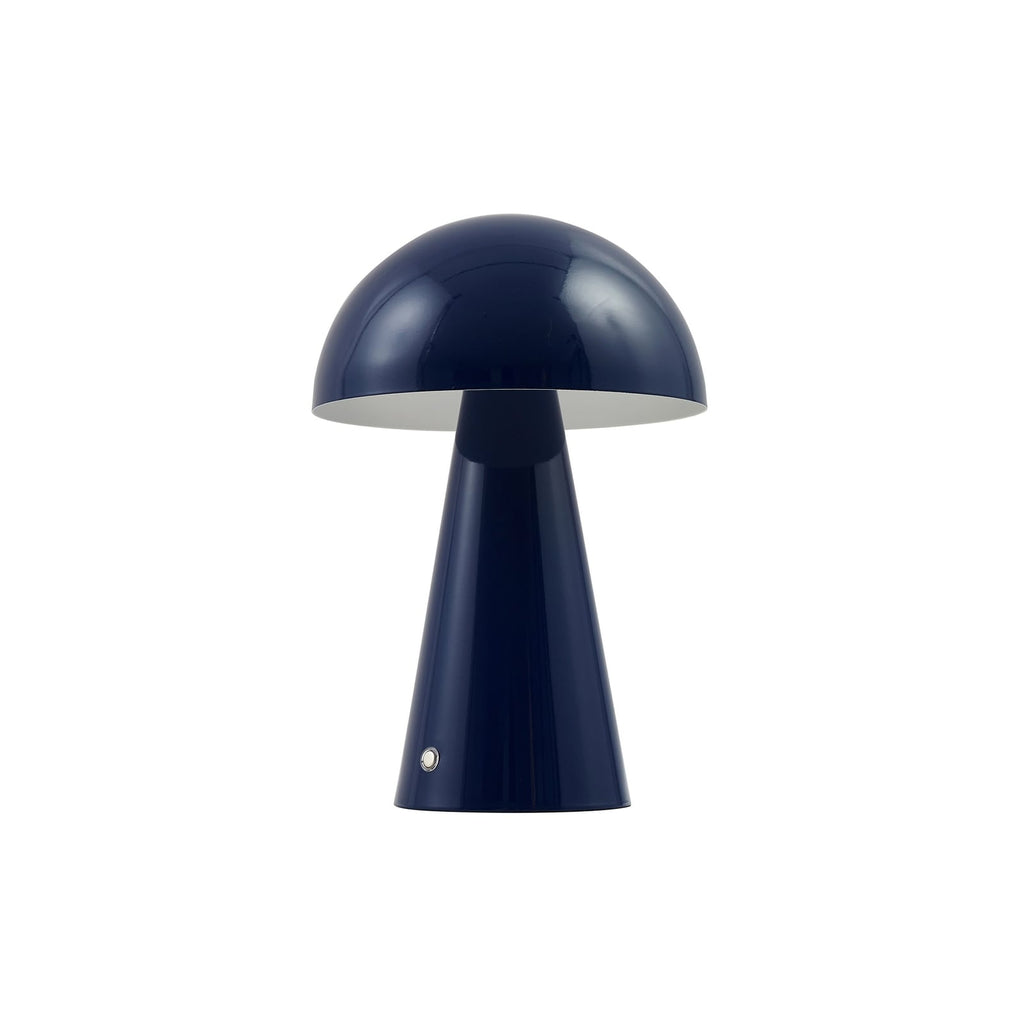 LED-oppladbar bordlampe Nevijo blå Ø20 cm montert på bord