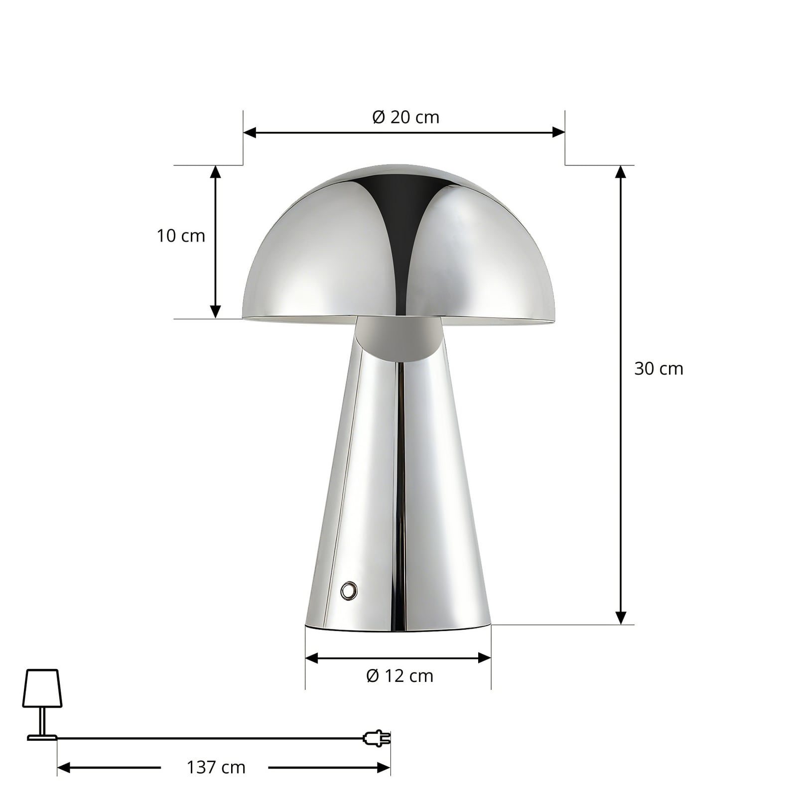 LED oppladbar bordlampe Nevijo krom dimbar detalj av knapp