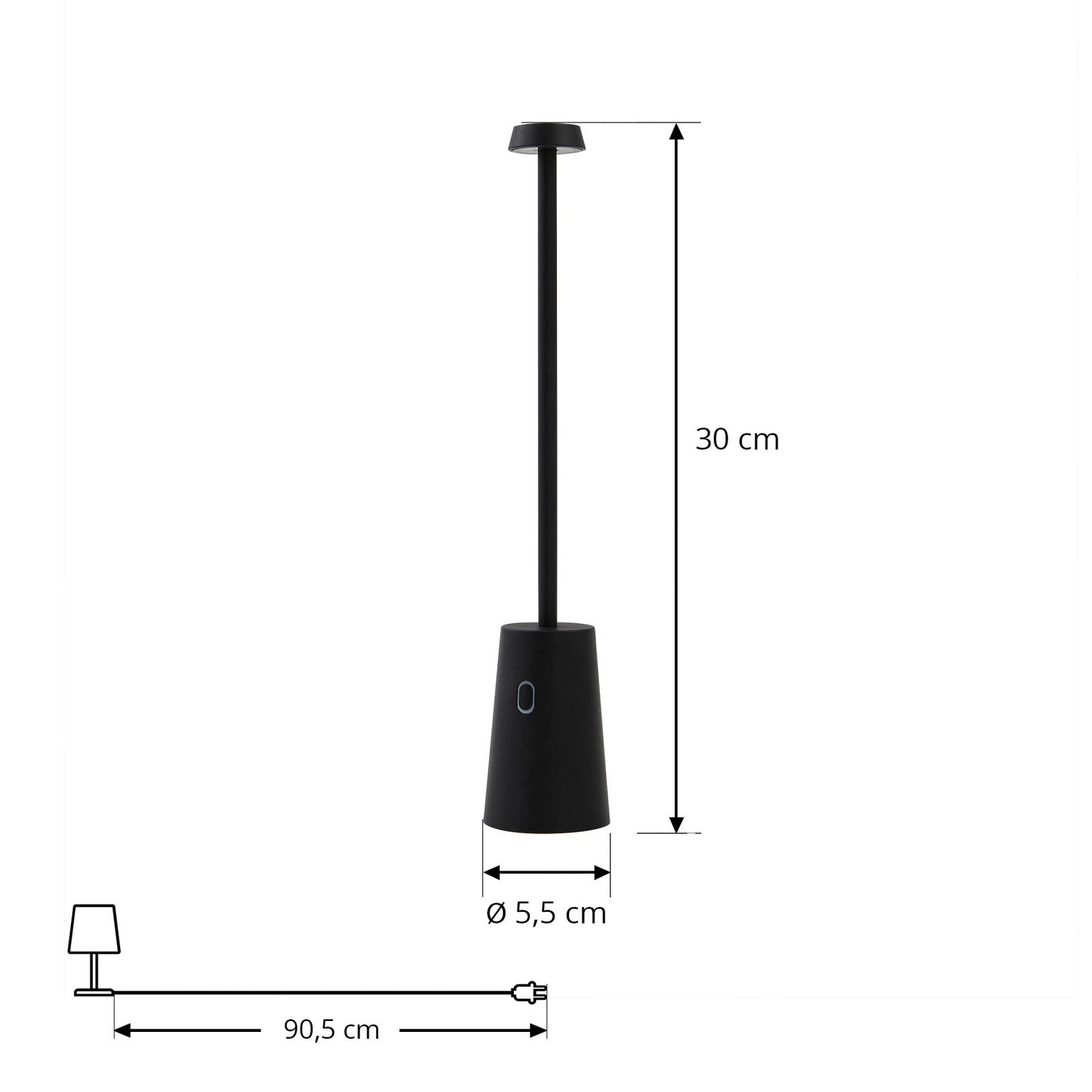 LED oppladbar bordlampe Noelani dimbar svart H30 cm nærbilde av lampehode