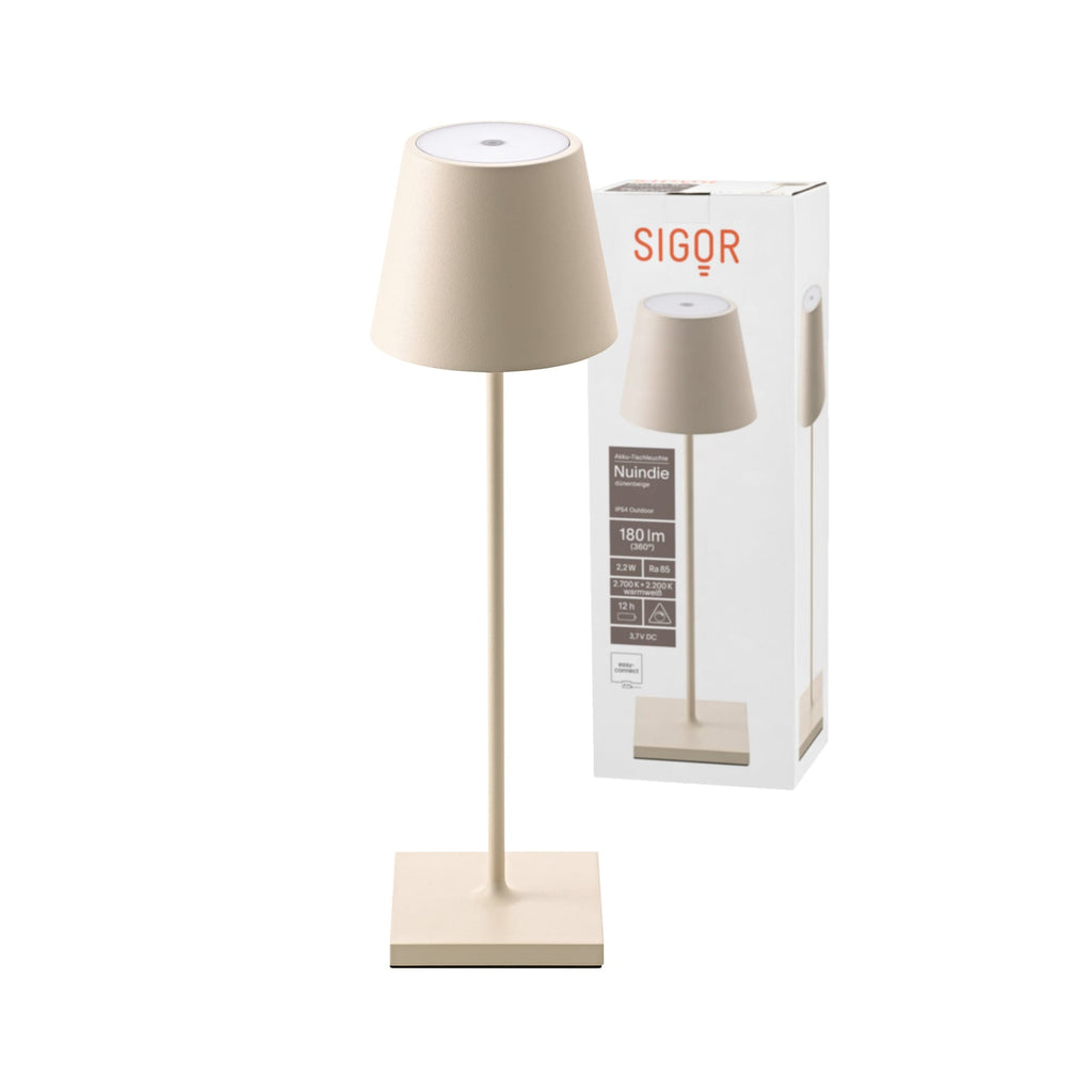 LED oppladbar bordlampe Nuindie beige aluminium dimbar IP54 nærbilde av lampe
