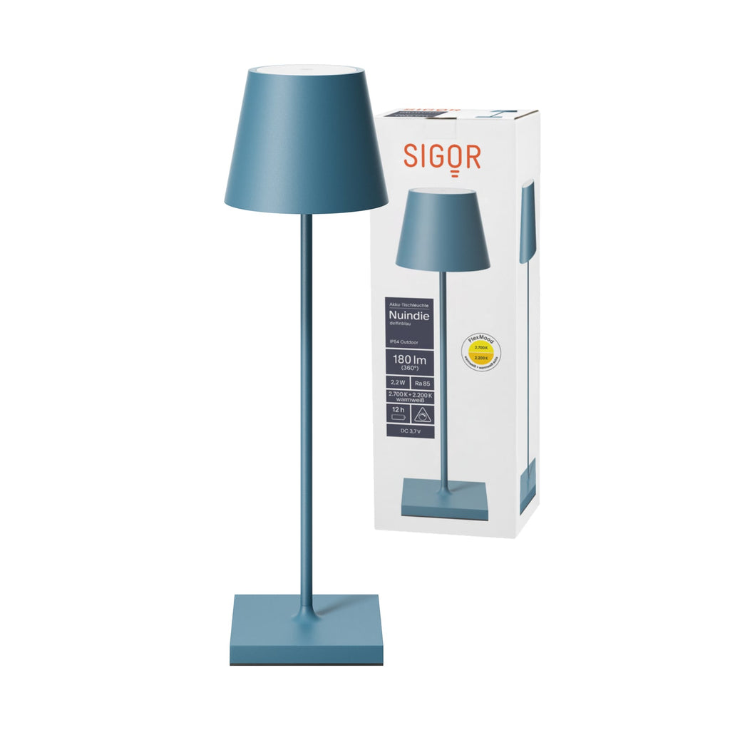 LED oppladbar bordlampe Nuindie dimbar aluminium IP54 blå - Sigor i bruk på terrasse