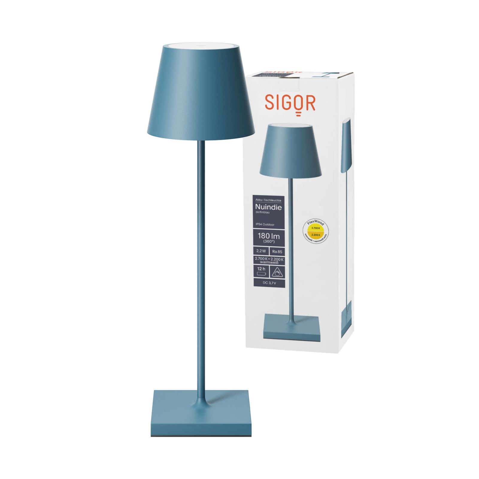 LED oppladbar bordlampe Nuindie dimbar aluminium IP54 blå - Sigor i bruk på terrasse