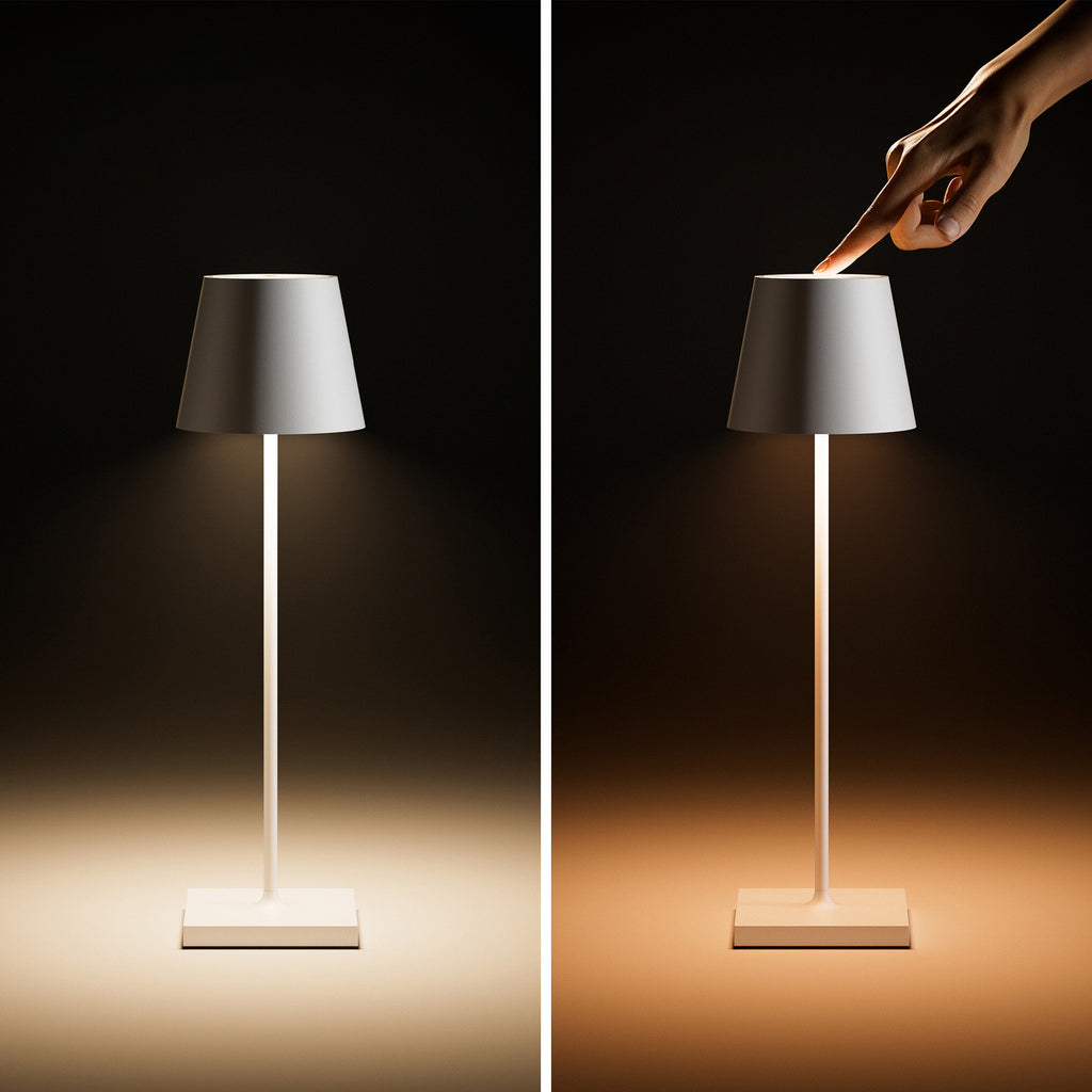 LED oppladbar bordlampe Nuindie dimbar aluminium IP54 blå - Sigor viser dimmefunksjon