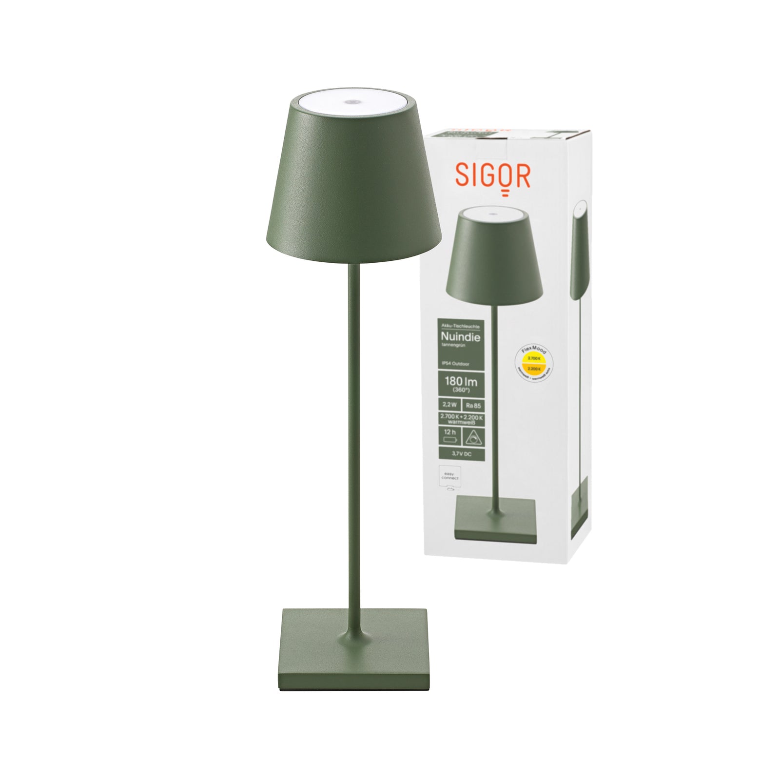 LED oppladbar bordlampe Nuindie dimbar grønn IP54 - Sigor montert på bord