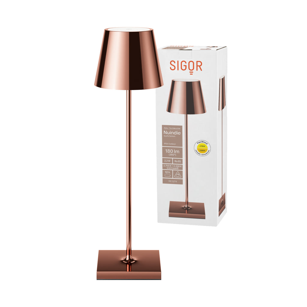 LED oppladbar bordlampe Nuindie dimbar kobber IP54 detalj av skjerm