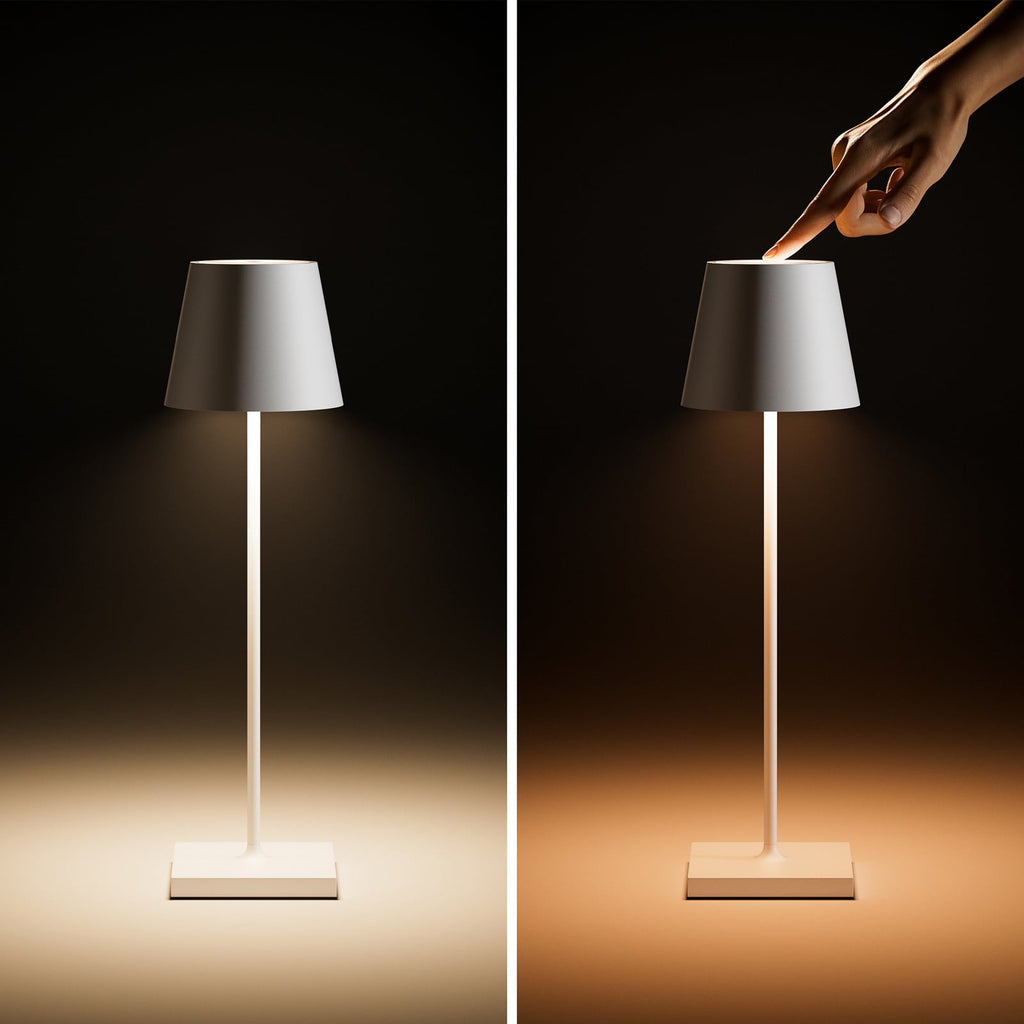 LED oppladbar bordlampe Nuindie hvit IP54 dimbar 38 cm nærbilde av touch-bryter