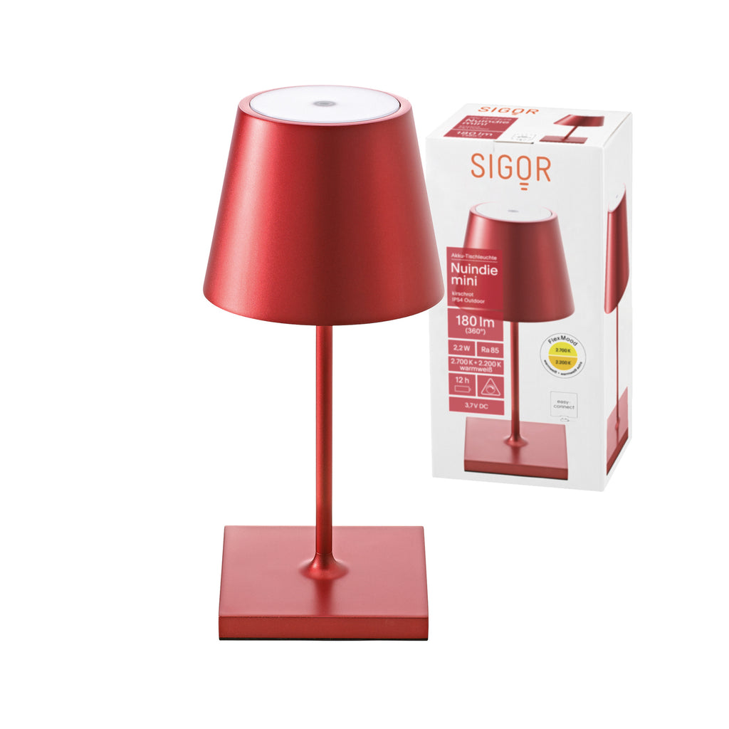 LED oppladbar bordlampe Nuindie mini dimbar rød IP54 montert på bord