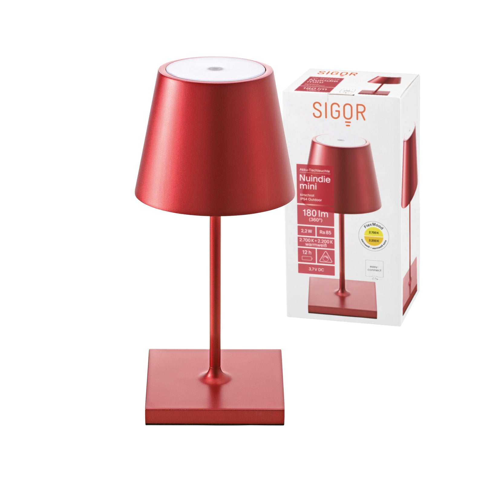 LED oppladbar bordlampe Nuindie mini dimbar rød IP54 montert på bord