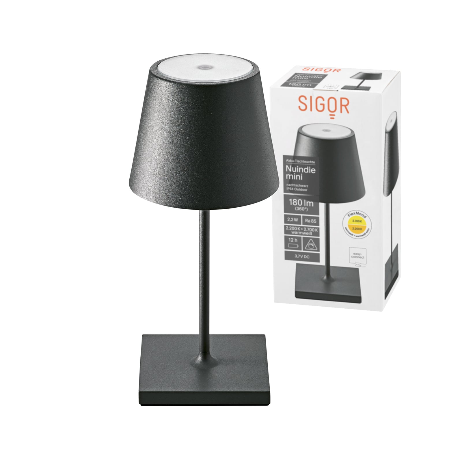 LED oppladbar bordlampe Nuindie mini dimbar svart IP54 montert på bord