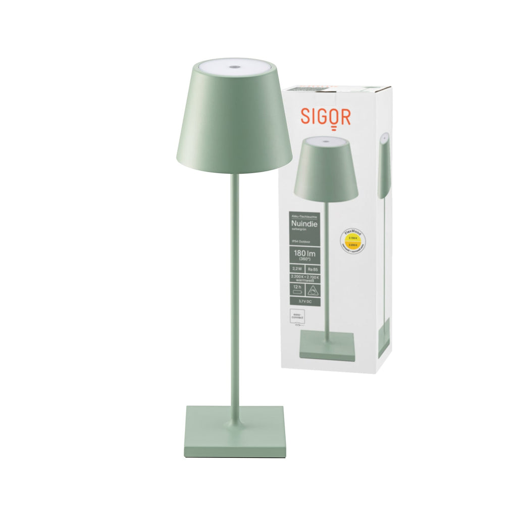 LED oppladbar bordlampe Nuindie dimbar salviagrønn IP54 montert på bord