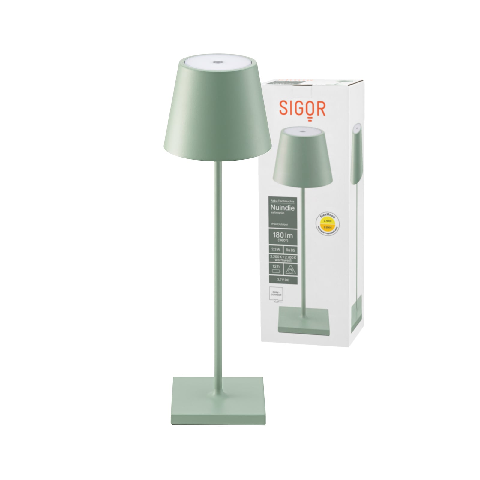 LED oppladbar bordlampe Nuindie dimbar salviagrønn IP54 montert på bord