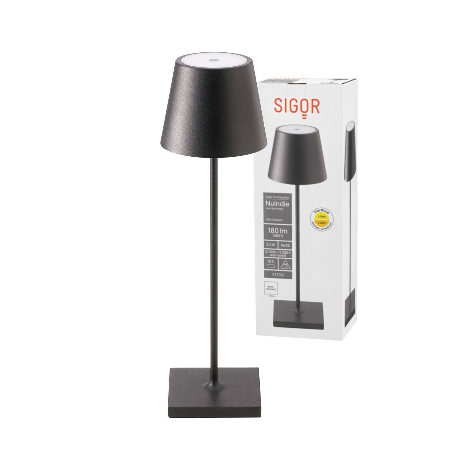Montert LED oppladbar bordlampe Nuindie svart IP54 dimbar 38 cm