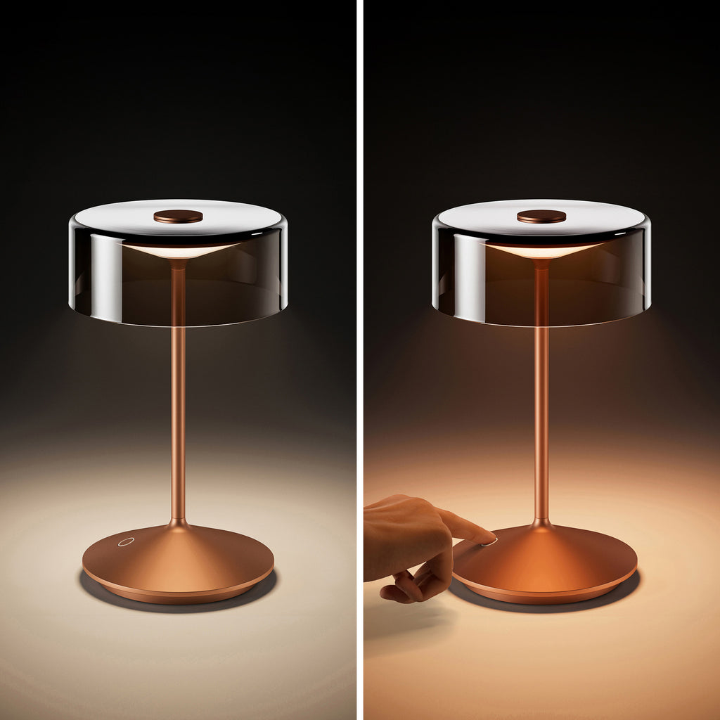 LED oppladbar bordlampe Numotion bronse glass IP54 dimbar nærbilde 1