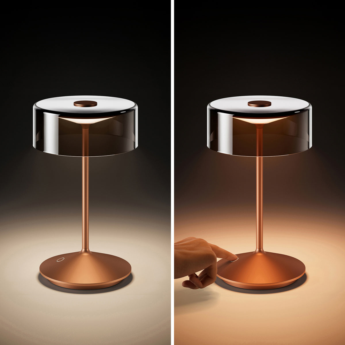 LED oppladbar bordlampe Numotion bronse glass IP54 dimbar nærbilde 1