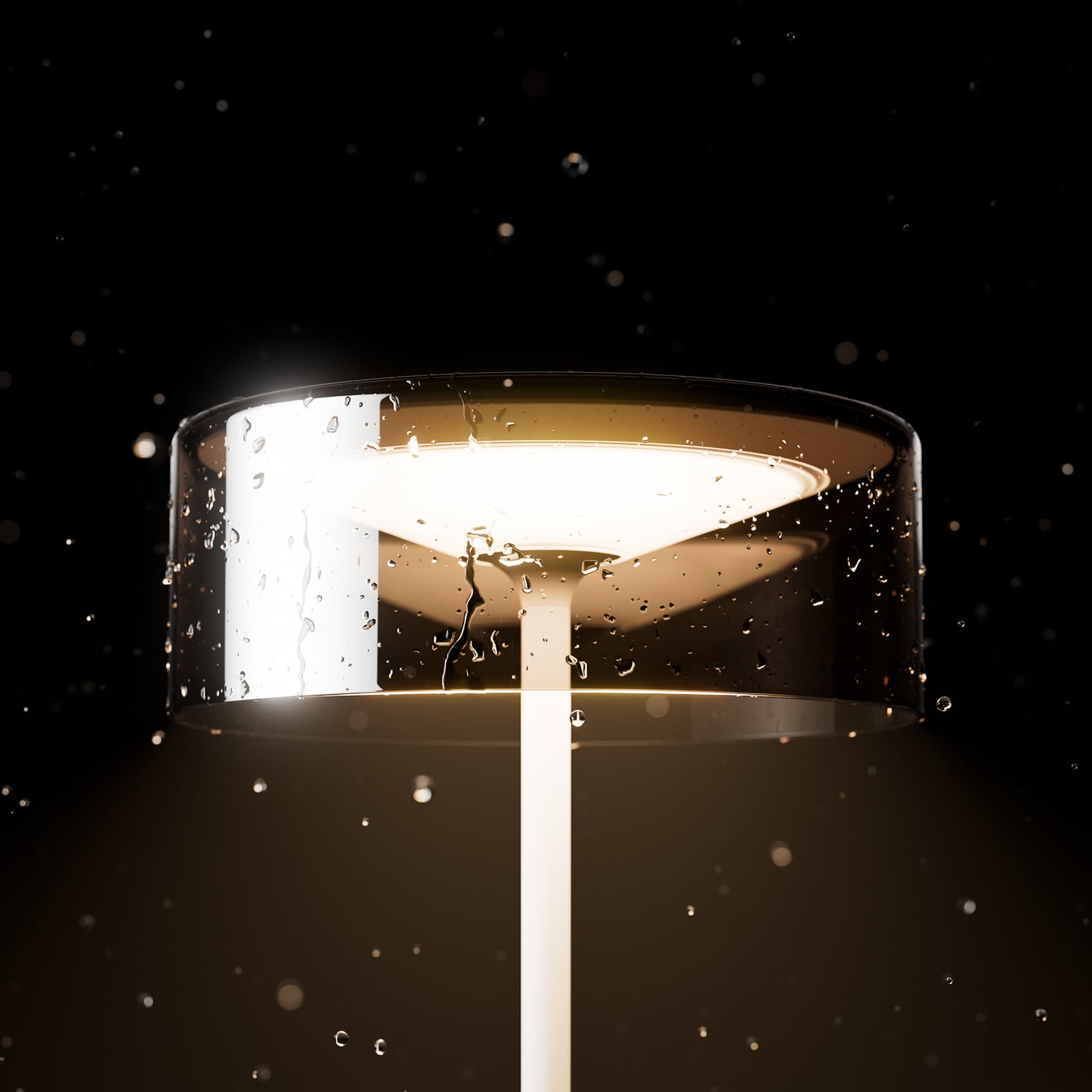 LED oppladbar bordlampe Numotion dimbar blå glass IP54 montert i rom