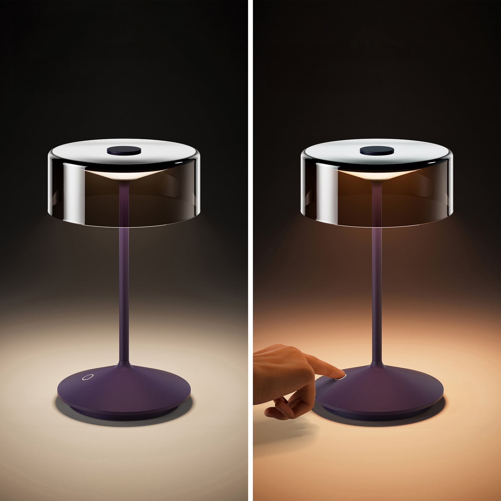 LED oppladbar bordlampe Numotion dimbar blå glass IP54 med magnetisk ladekabel