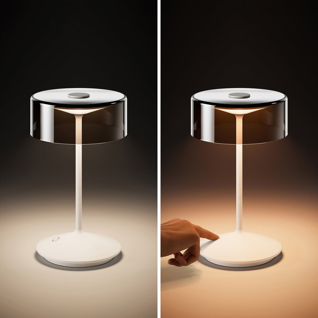 LED oppladbar bordlampe Numotion glass dimbar hvit IP54 nærbilde av touch-dimmer