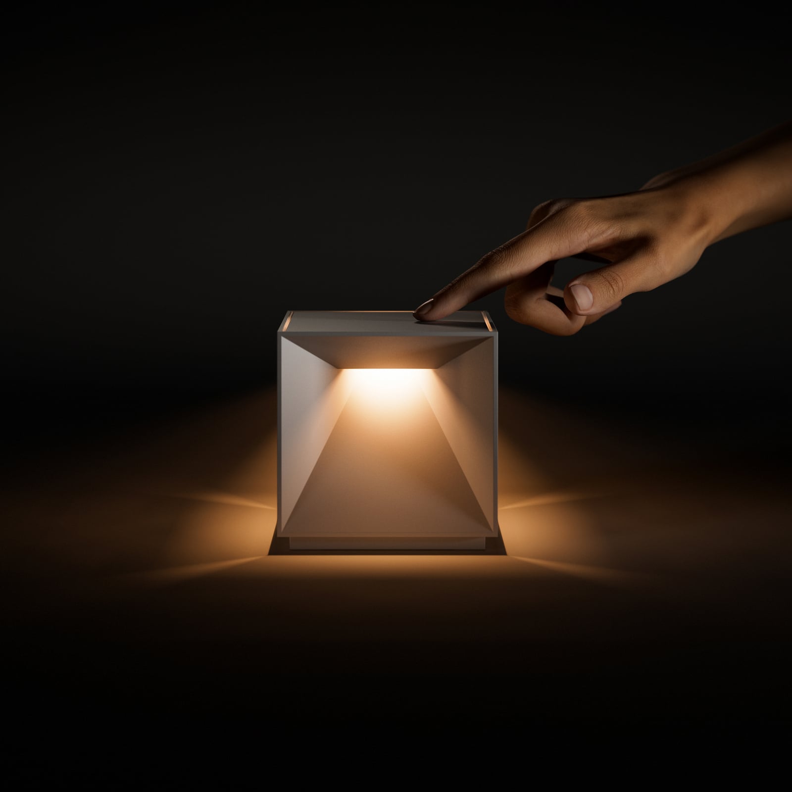 LED oppladbar bordlampe Nutalis hvit IP54 dimbar 10x10 cm detalj av touch-dimmer