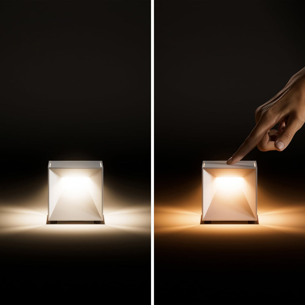 LED oppladbar bordlampe Nutalis mini dimbar 8 cm IP54 montert på bord