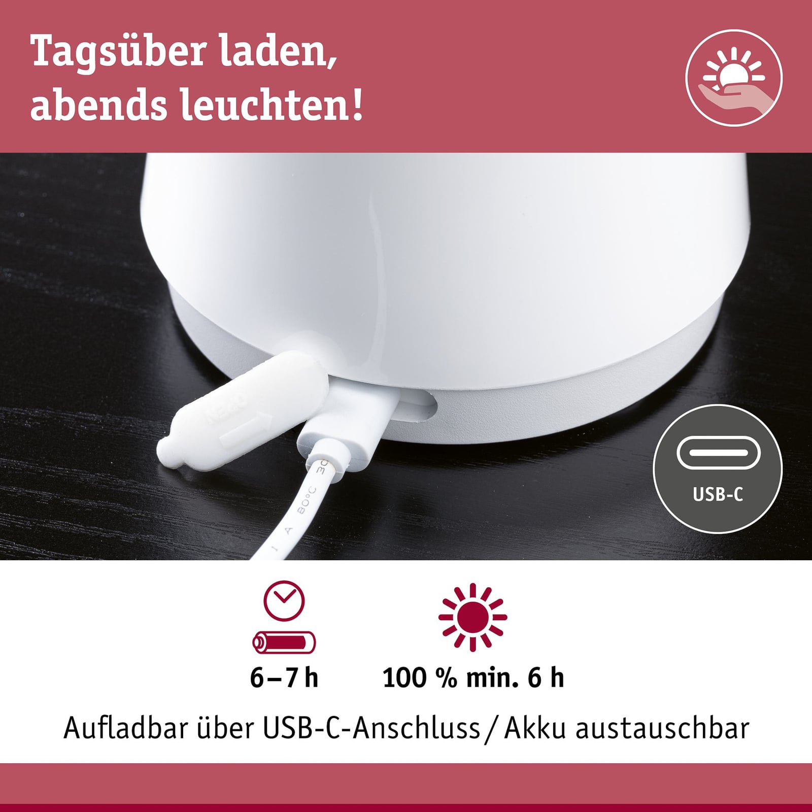 LED oppladbar bordlampe Onzo hvit plast dimbar IP44 brukt utendørs