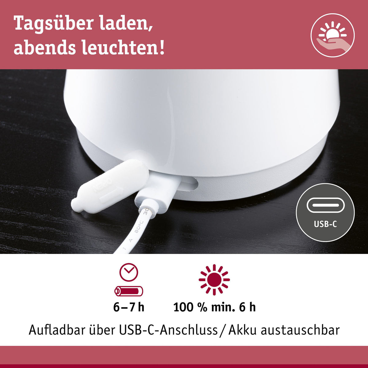 LED oppladbar bordlampe Onzo hvit plast dimbar IP44 brukt utendørs