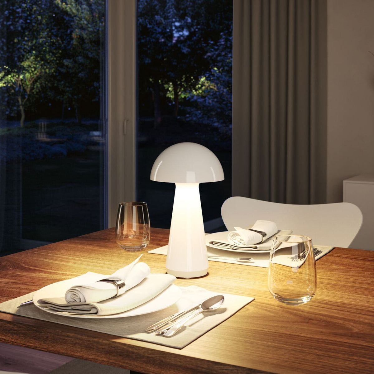 LED oppladbar bordlampe Onzo hvit plast dimbar IP44 bakside