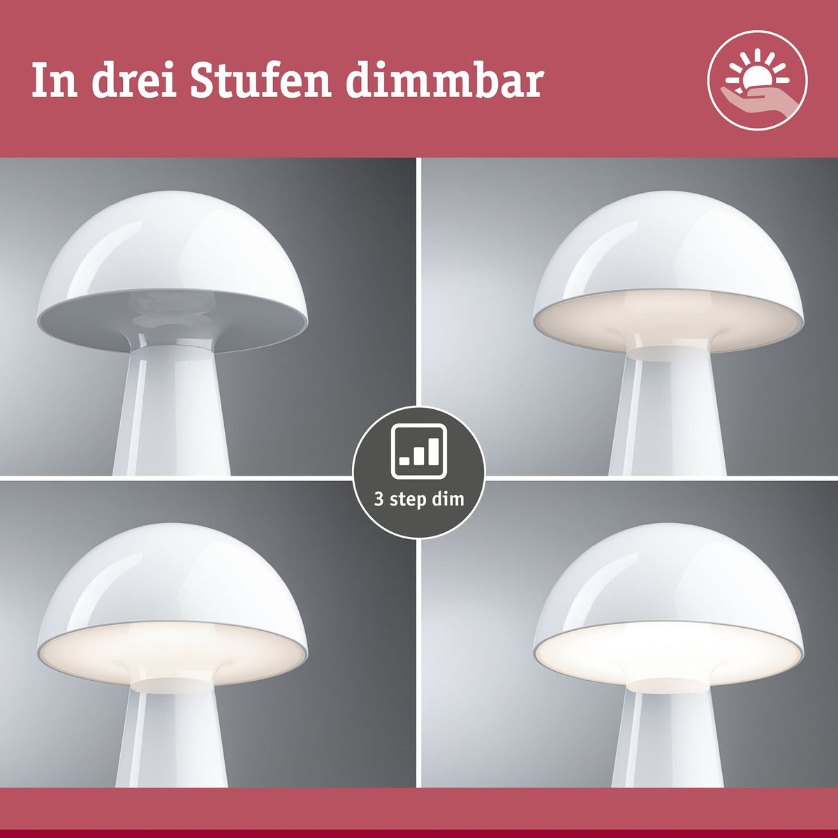 LED oppladbar bordlampe Onzo hvit plast dimbar IP44 med satinert diffusor