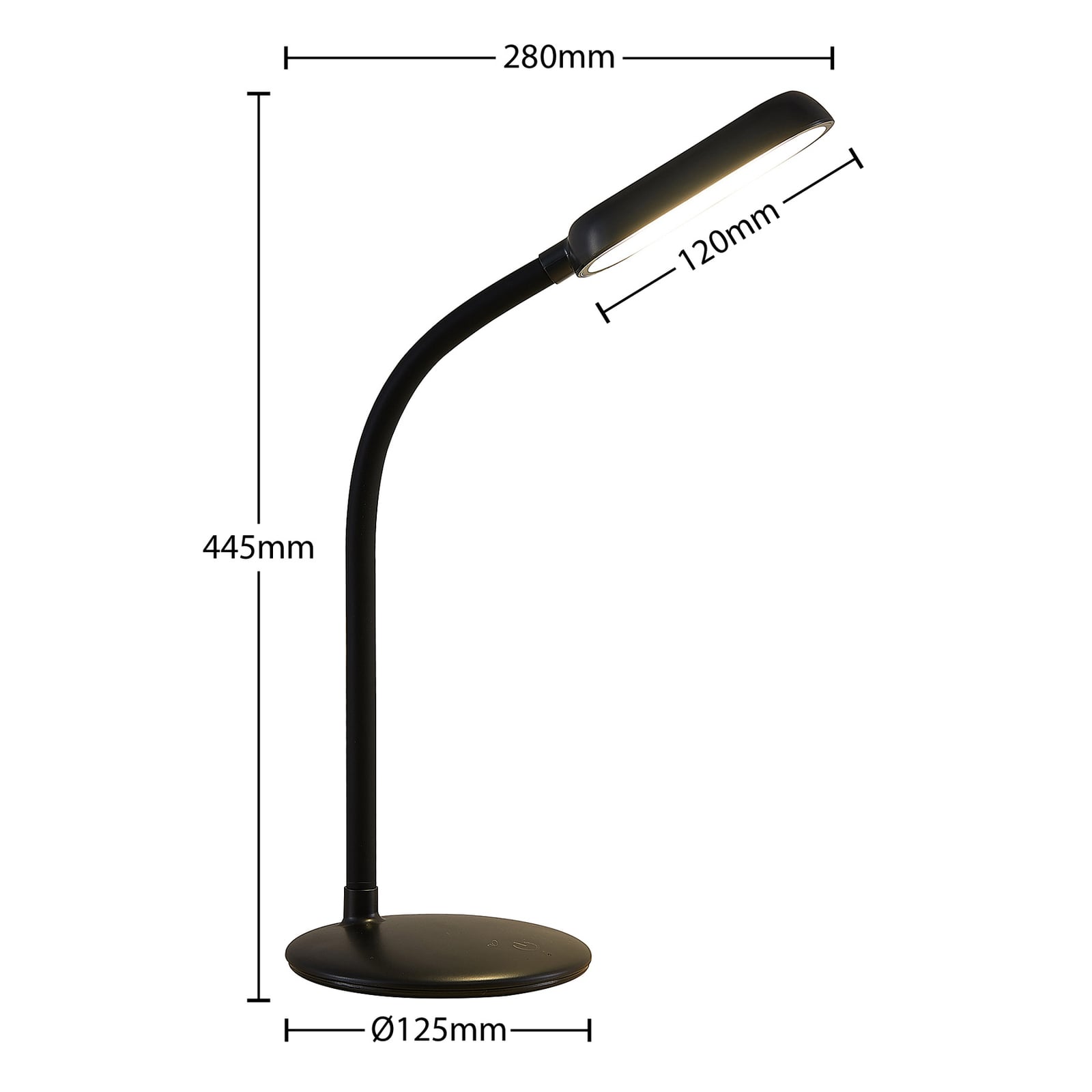 LED oppladbar bordlampe Opira svart dimbar USB 51 cm montert på skrivebord