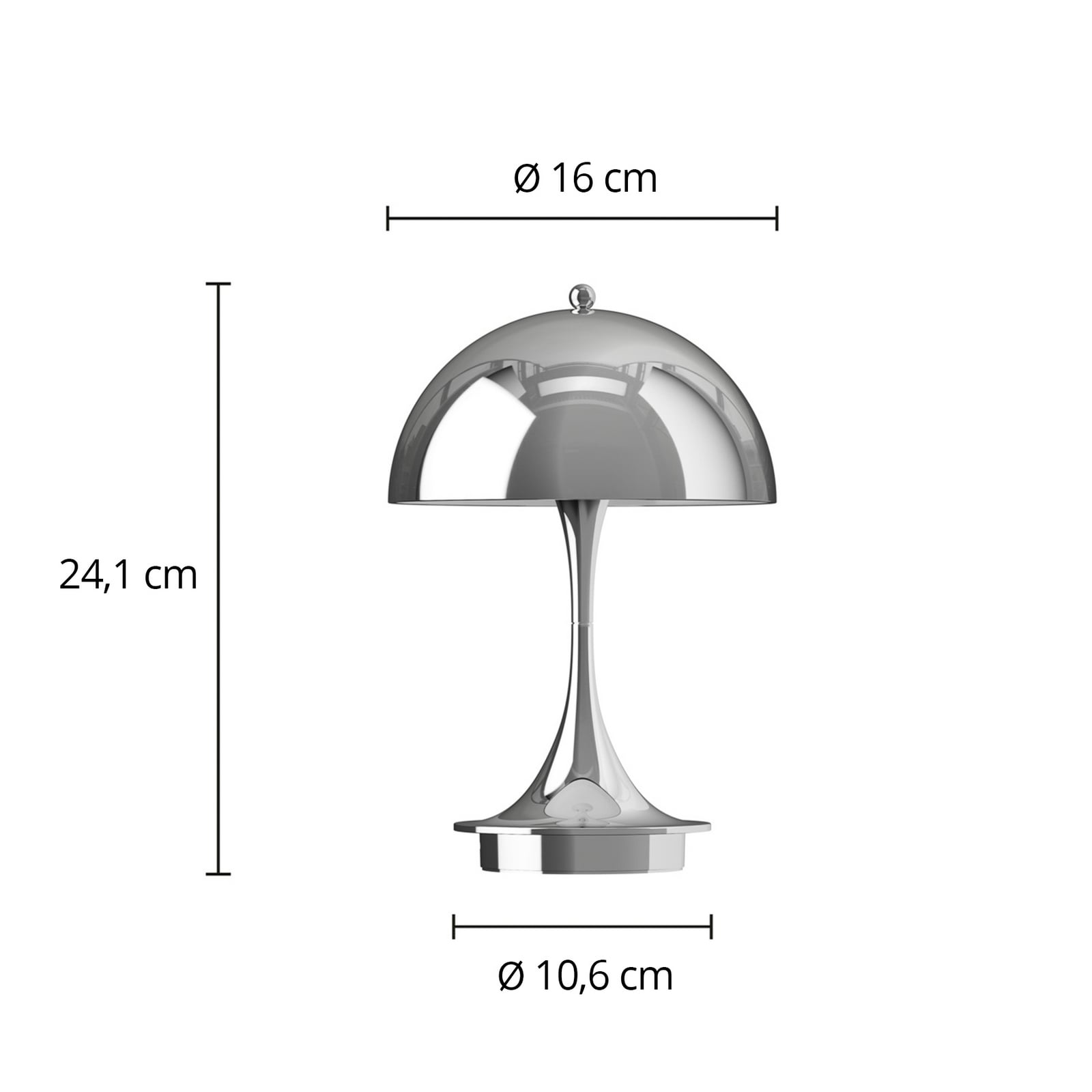 Detalj av LED oppladbar bordlampe Panthella Portable 160 V3 krom IP44 touchbryter