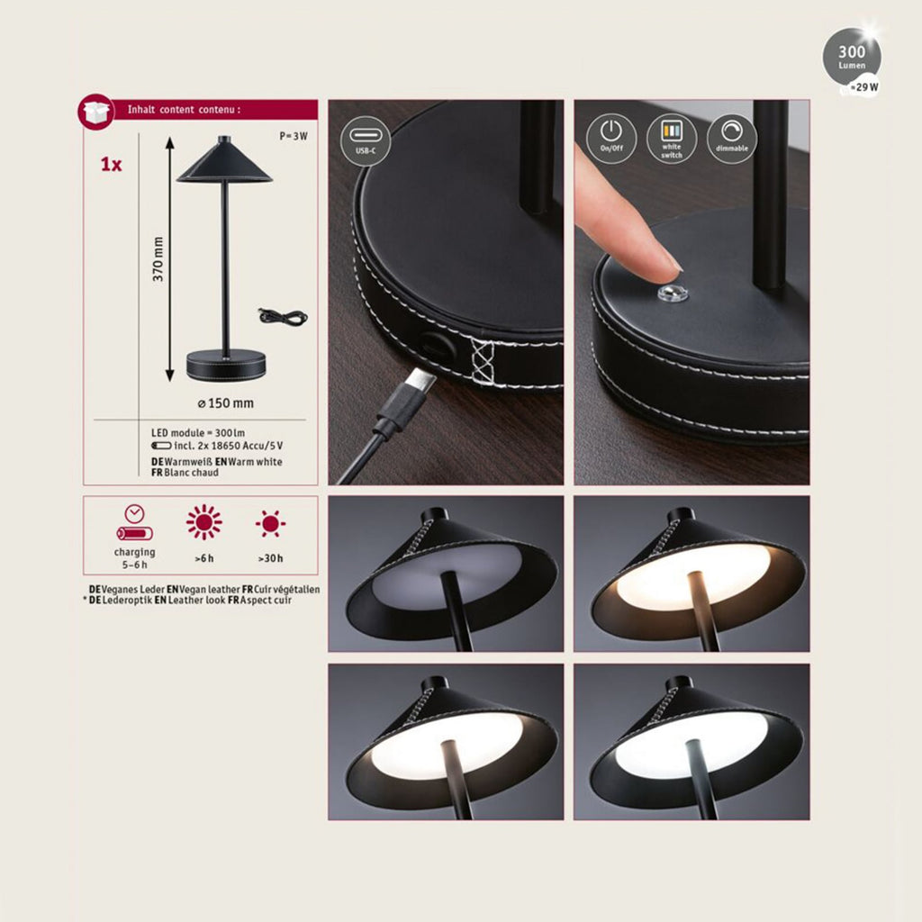 LED oppladbar bordlampe Pellini svart CCT dimbar touch-kontroll
