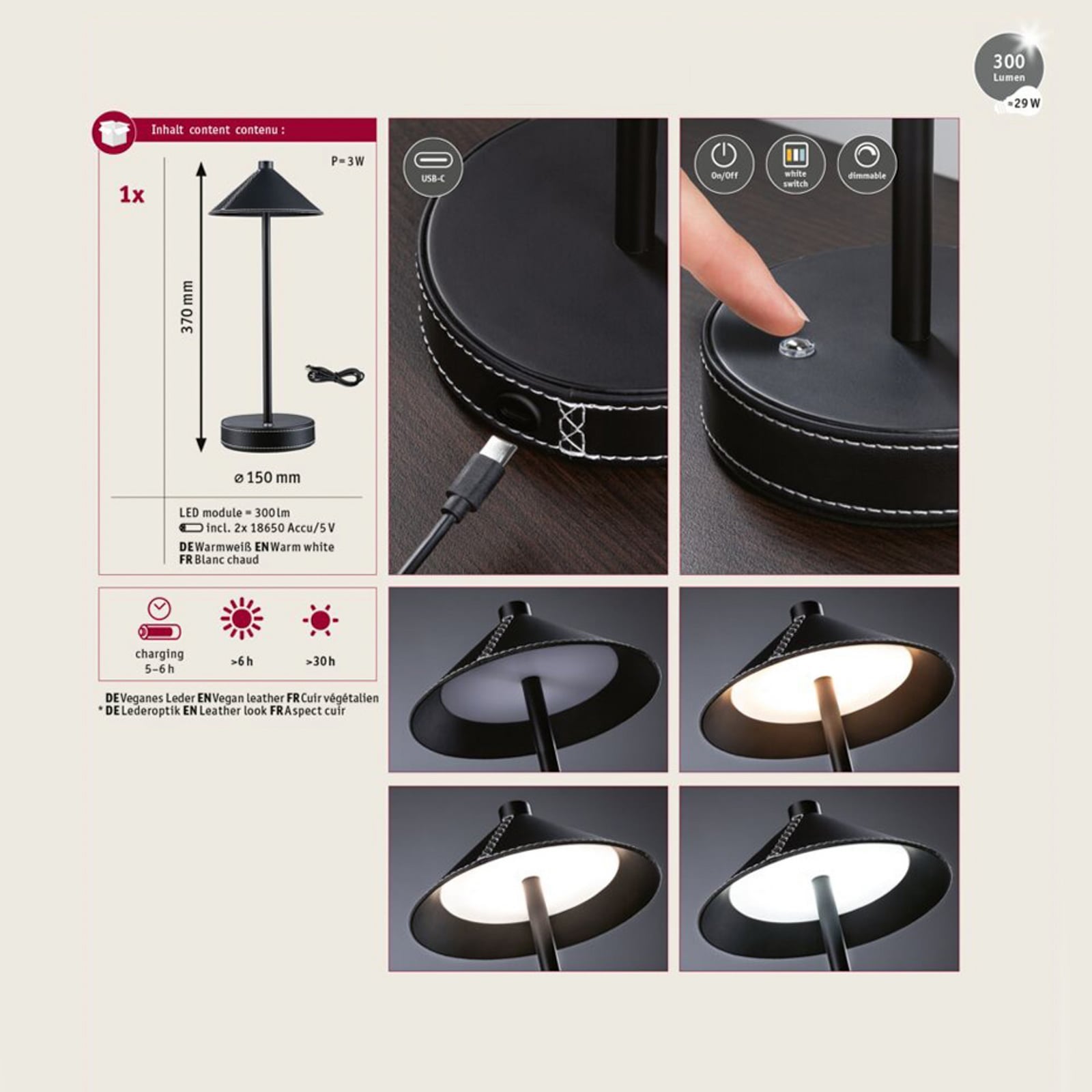 LED oppladbar bordlampe Pellini svart CCT dimbar touch-kontroll