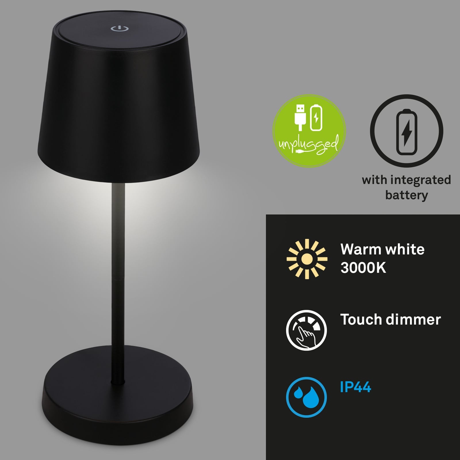 LED oppladbar bordlampe Piha dimbar svart IP44 nærbilde av lampe